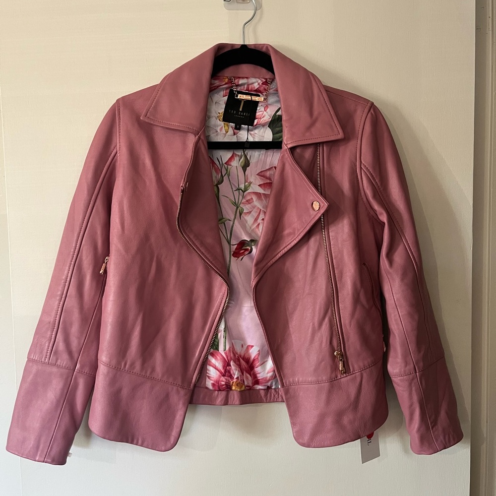 TED BAKER London Lizia Pink Ovine Leather  Moto Zip Collar Jacket Sz 1